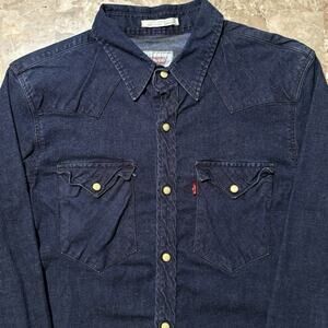 Levis Shirt Mens Small Slim Fit Blue Indigo Denim Pearl Snap Western Yoke Ranch